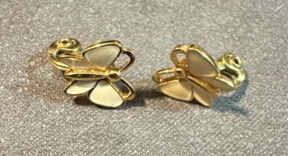 Vintage Monet Gold Tone Off White Enamel Butterfly Clip On Earrings